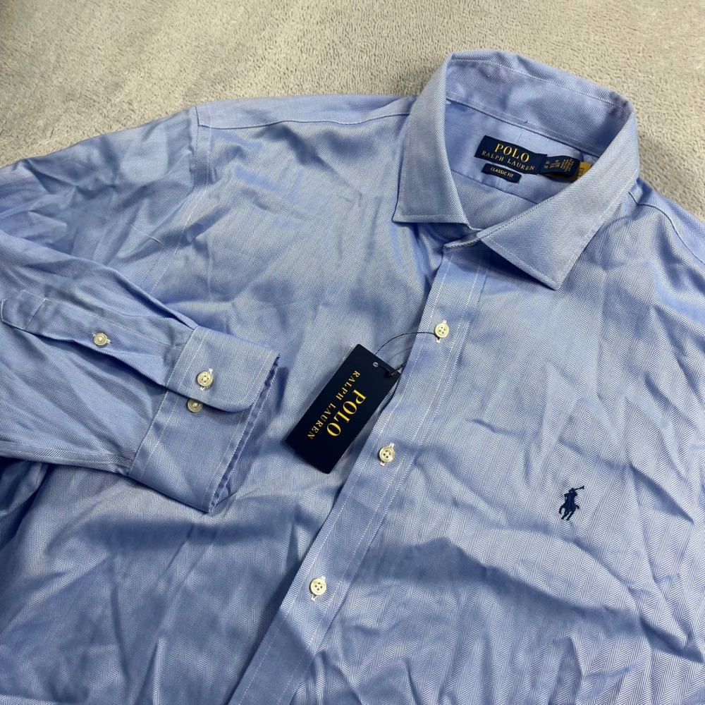 Polo Ralph Lauren Mens XL 18 34/35 Blue Herringbone Classic Fit Dress Shirt NWT